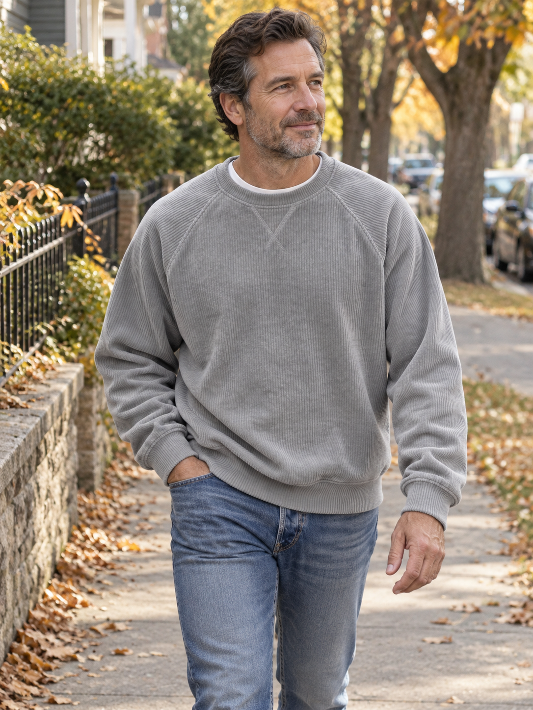Mature man wearing the light gray relaxed corduroy crewneck sweatshirt on a neighborhood walk