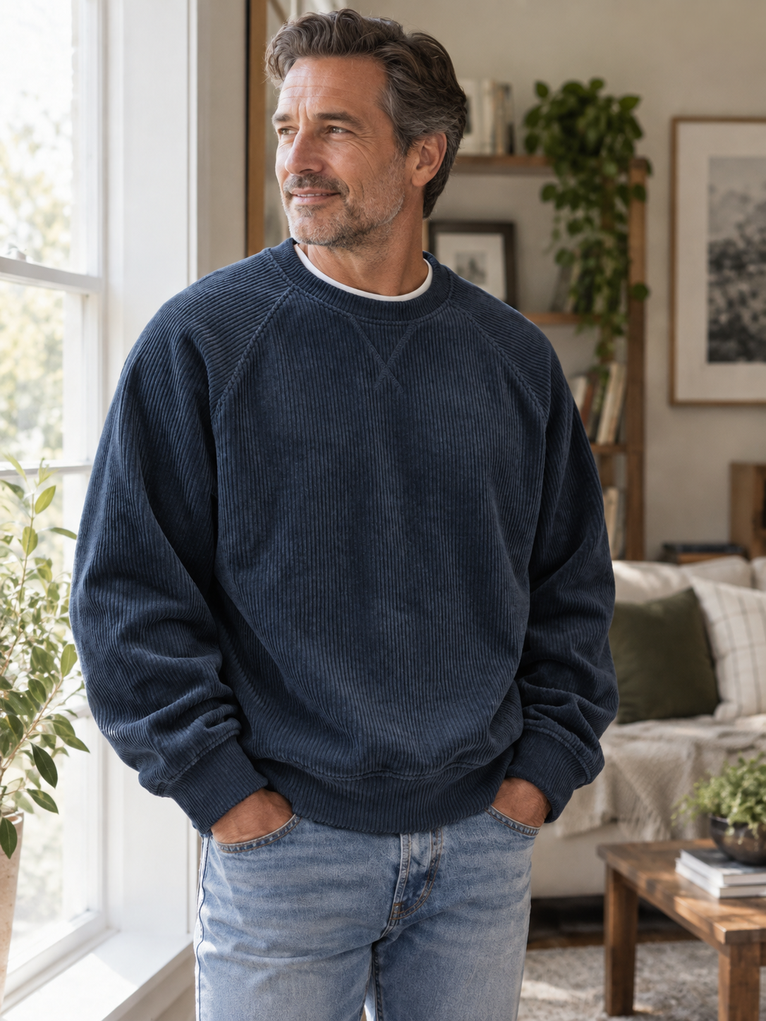 Mature man wearing the navy corduroy crewneck sweatshirt at home