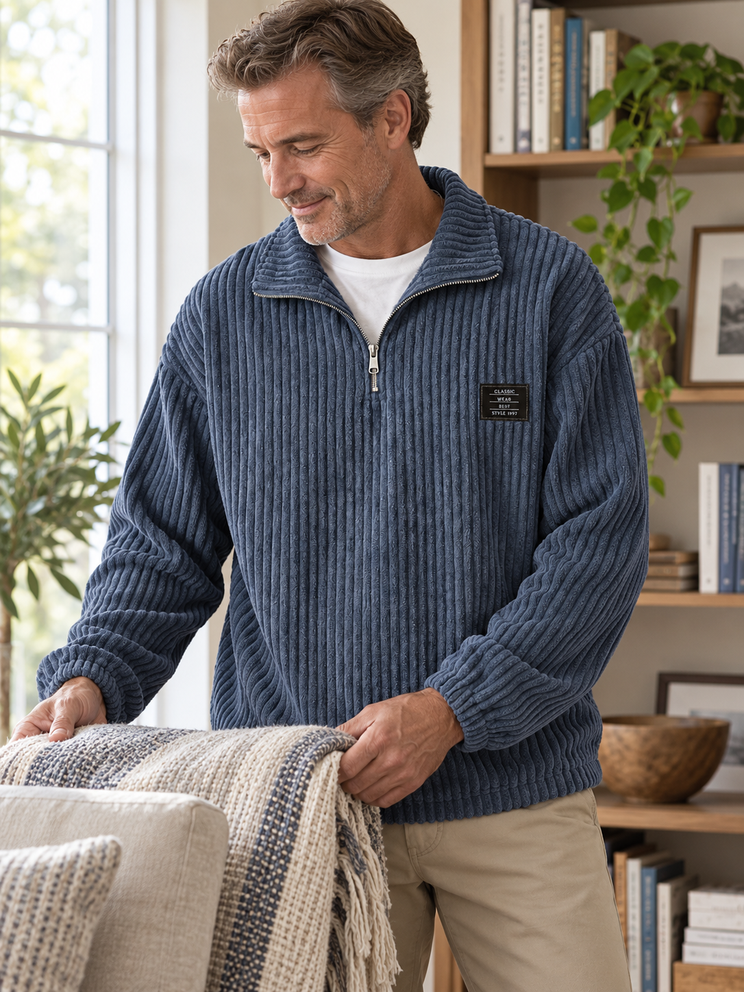 Man wearing the navy corduroy half-zip sweatshirt at home