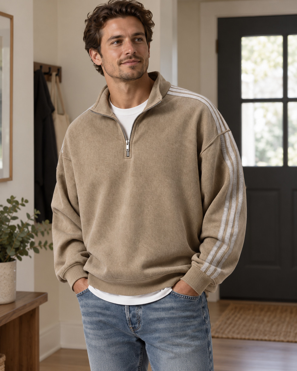 Men's Striped-Sleeve Quarter-Zip Sweatshirt styled in a natural everyday setting