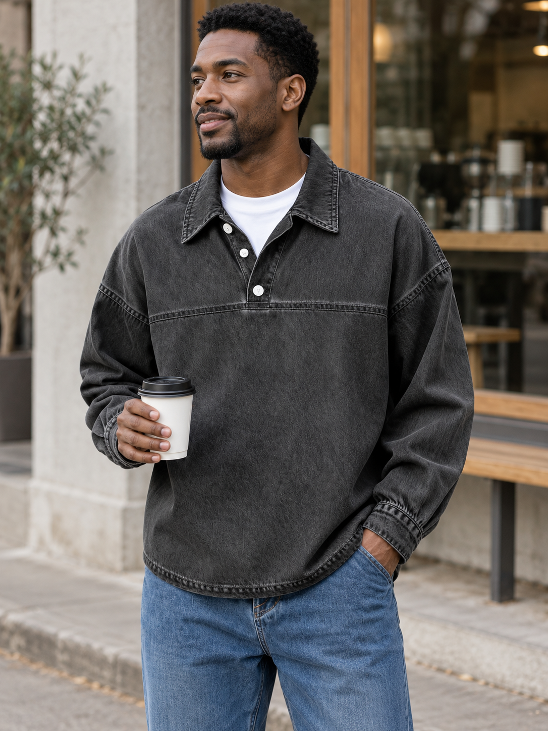 Men wearing the black pullover long-sleeve shirt in a casual coffee shop setting