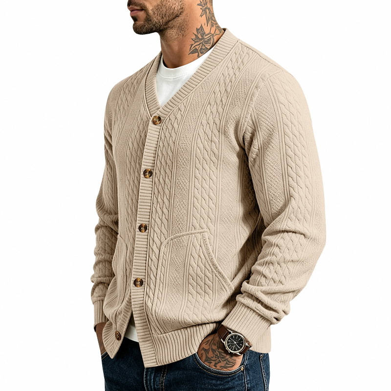 Side view of the khaki V-neck cable-knit cardigan