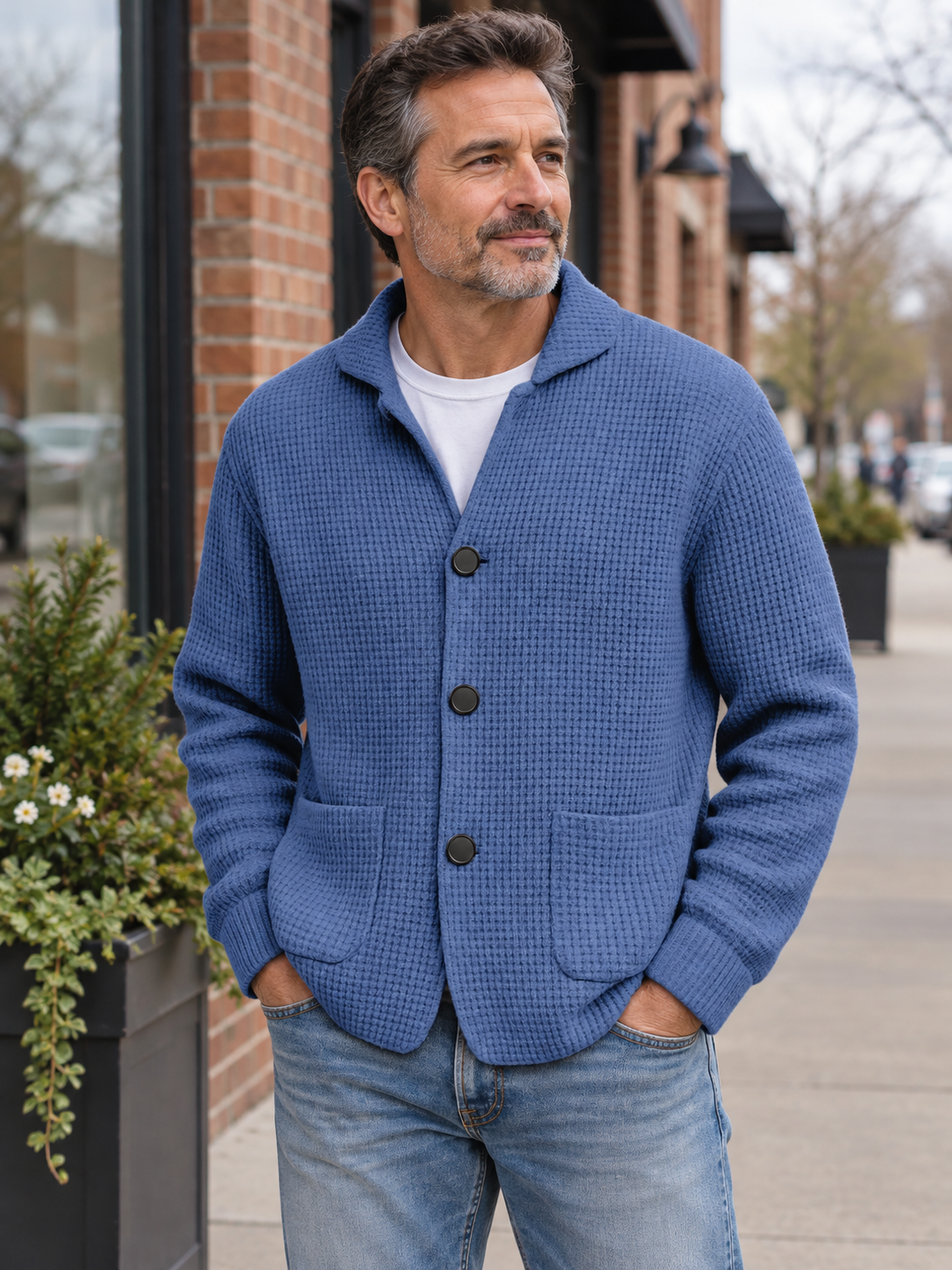 Mature man wearing the blue textured waffle-knit cardigan during weekend errands