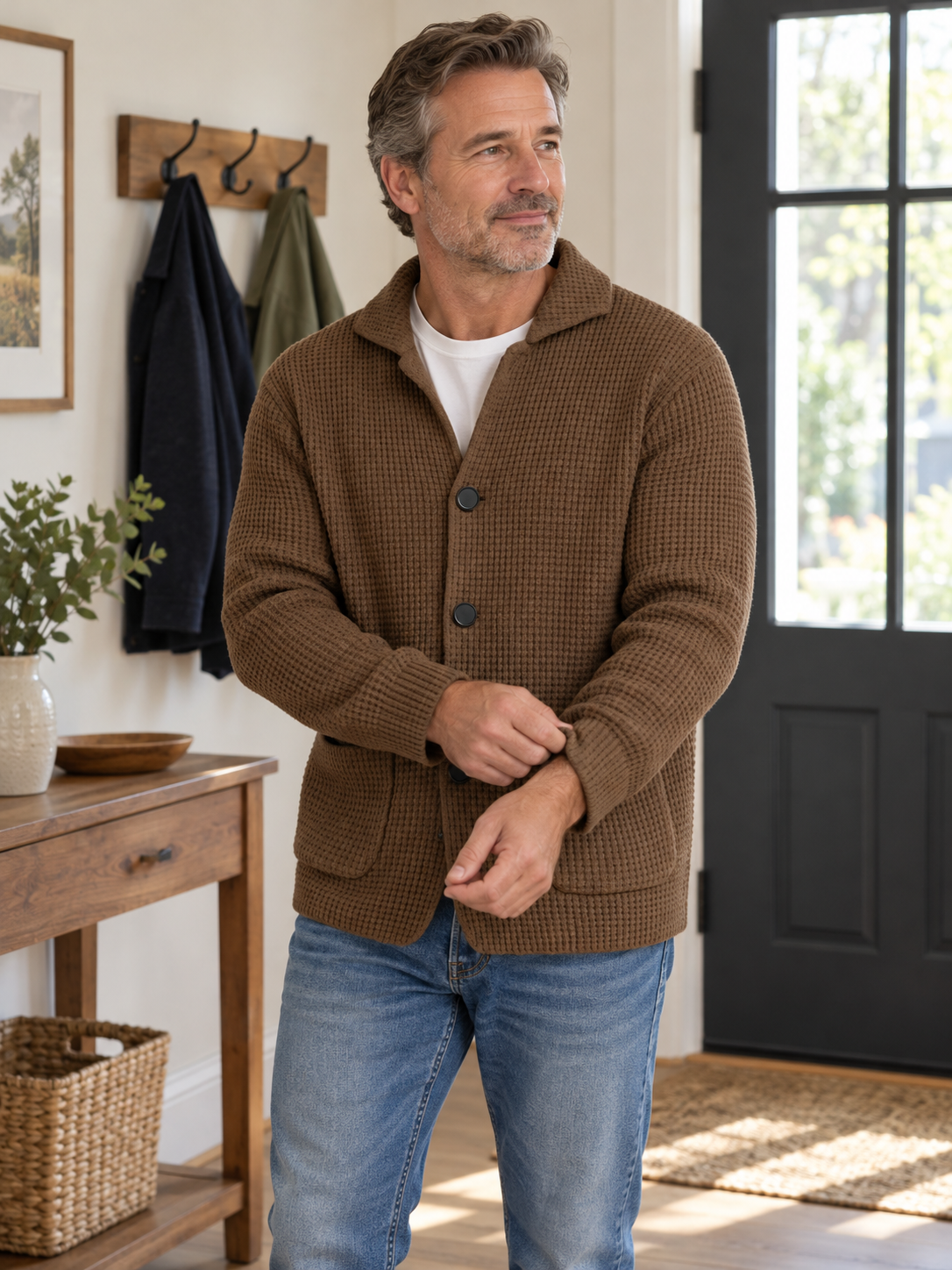 Mature man wearing the brown textured cardigan in a natural home entryway