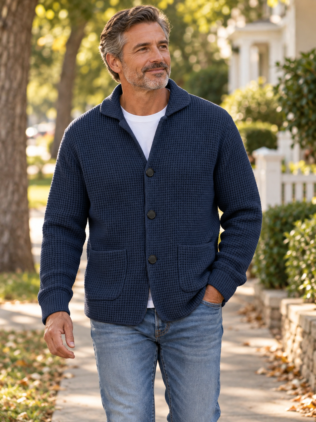 Mature man wearing the navy textured waffle-knit cardigan on a neighborhood walk