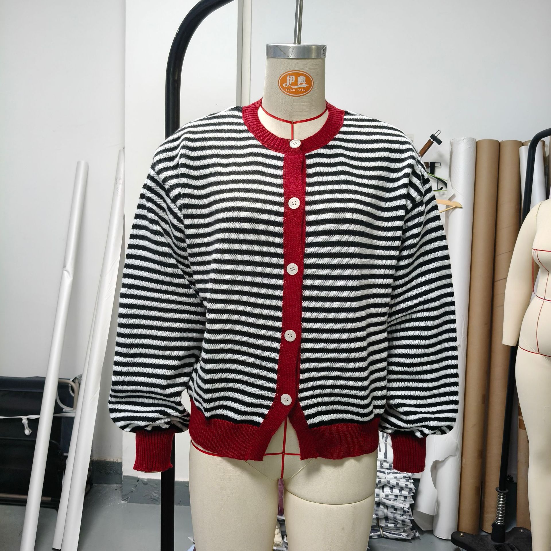 Front detail of the striped button cardigan