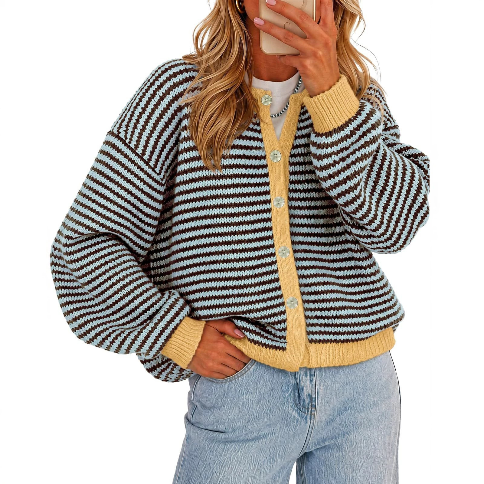 Women's Striped Contrast-Trim Button Cardigan
