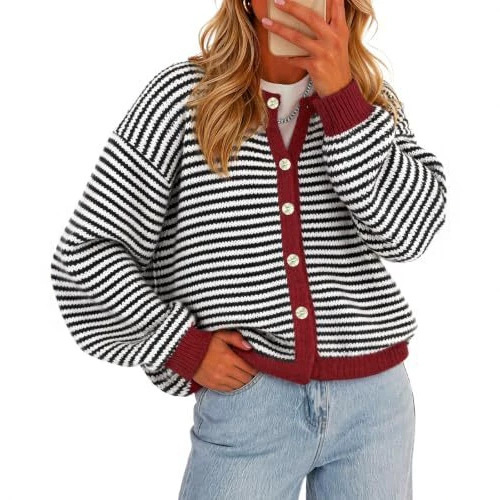 Women's Striped Contrast-Trim Button Cardigan