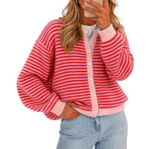 Women's Striped Contrast-Trim Button Cardigan