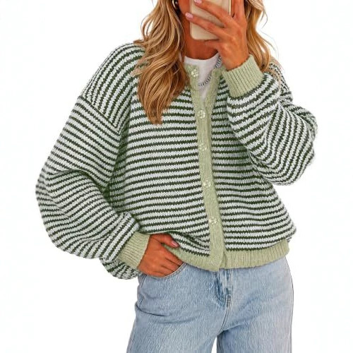 Women's Striped Contrast-Trim Button Cardigan