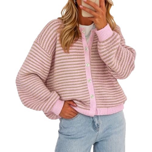 Women's Striped Contrast-Trim Button Cardigan