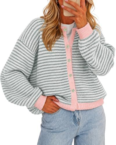 Women's Striped Contrast-Trim Button Cardigan