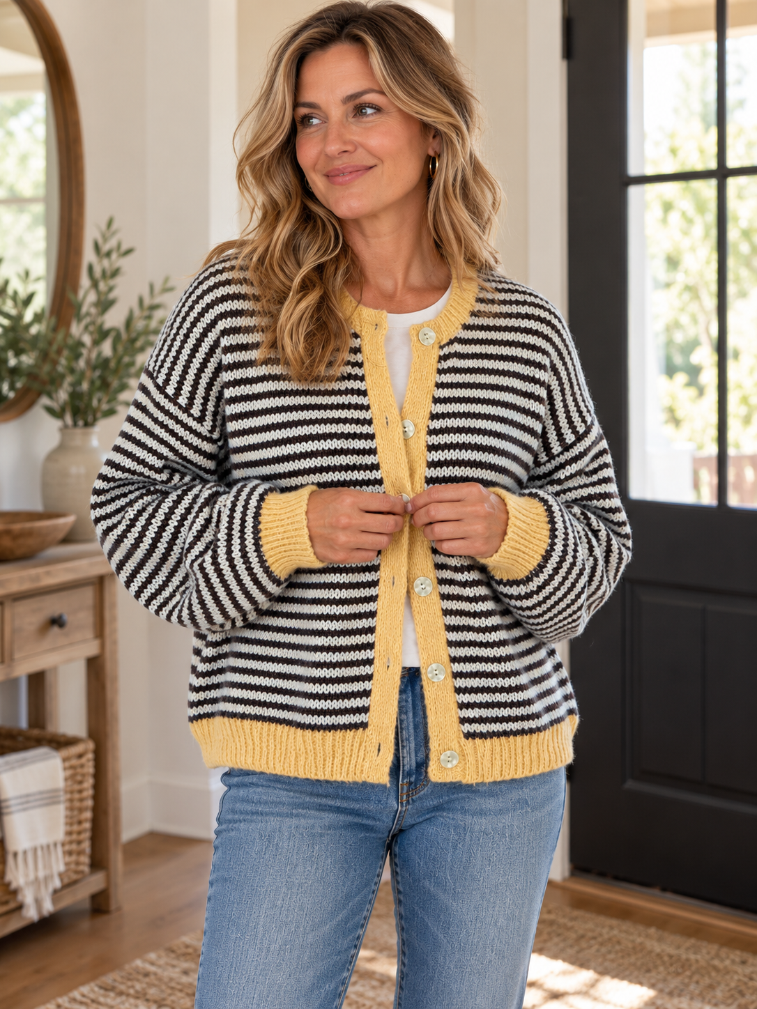 Woman styling the striped contrast-trim cardigan in a bright home entryway