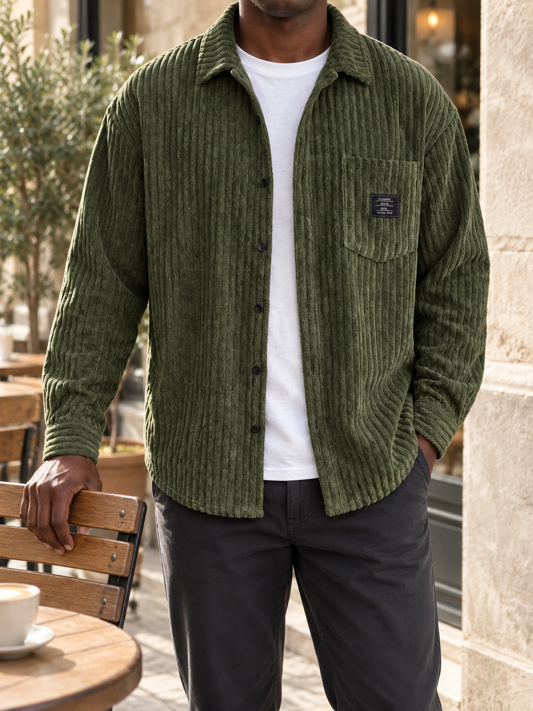 Army green overshirt styled in a casual cafe setting