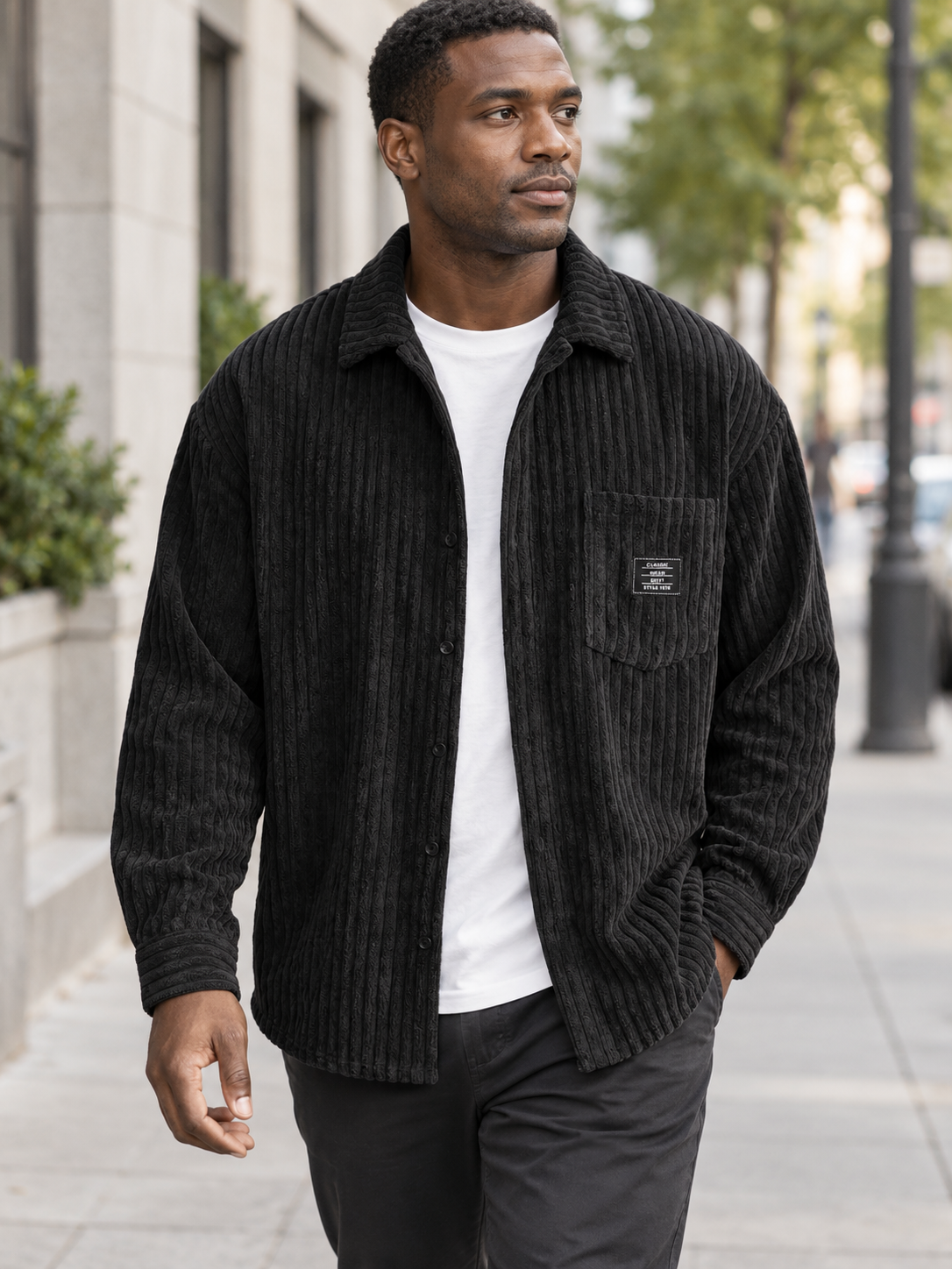 Black overshirt styled in a natural city setting