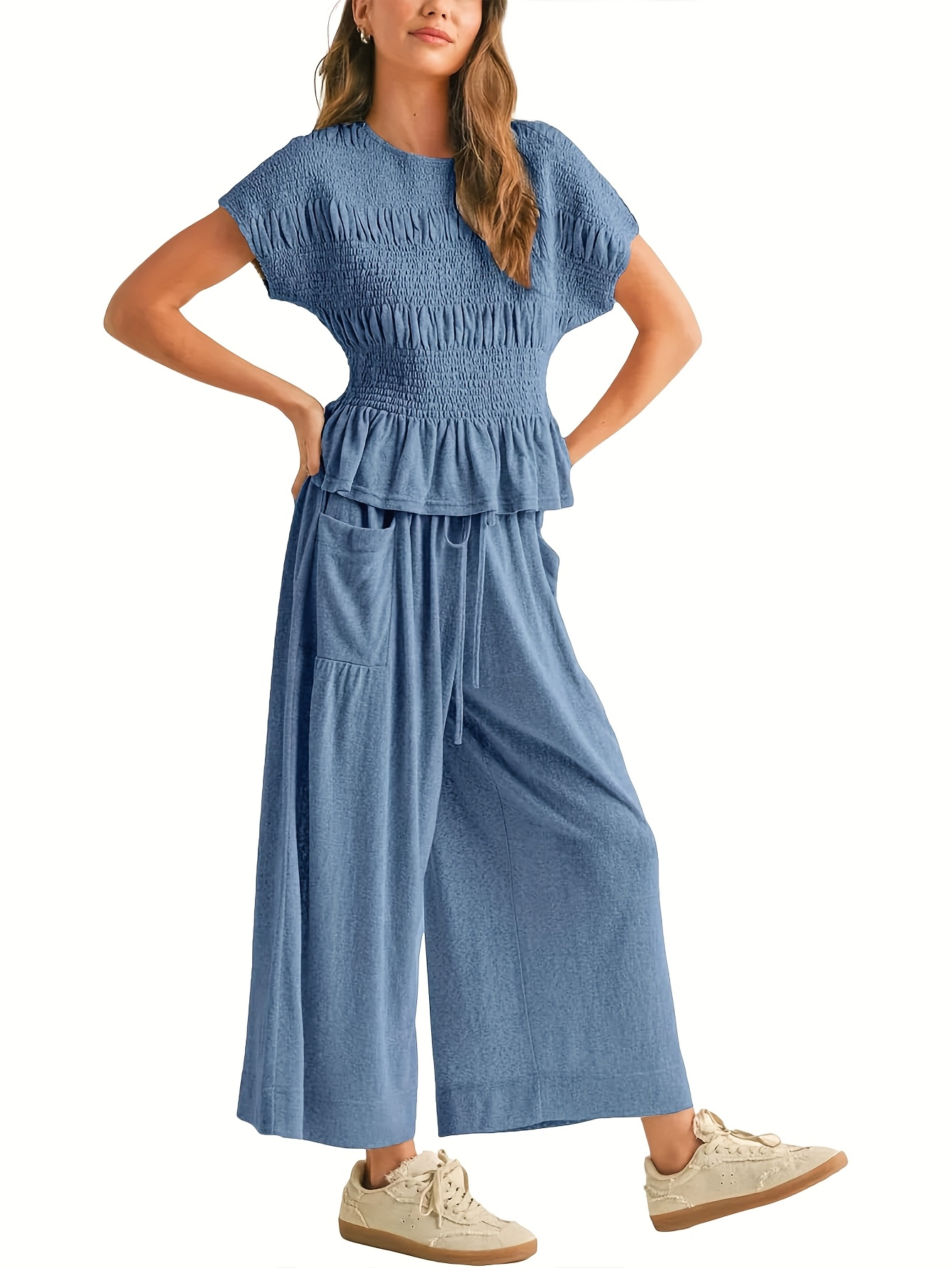 Women's Early Autumn 2026 2-Piece Set – Shirred Waist Top & Wide-Leg Pants