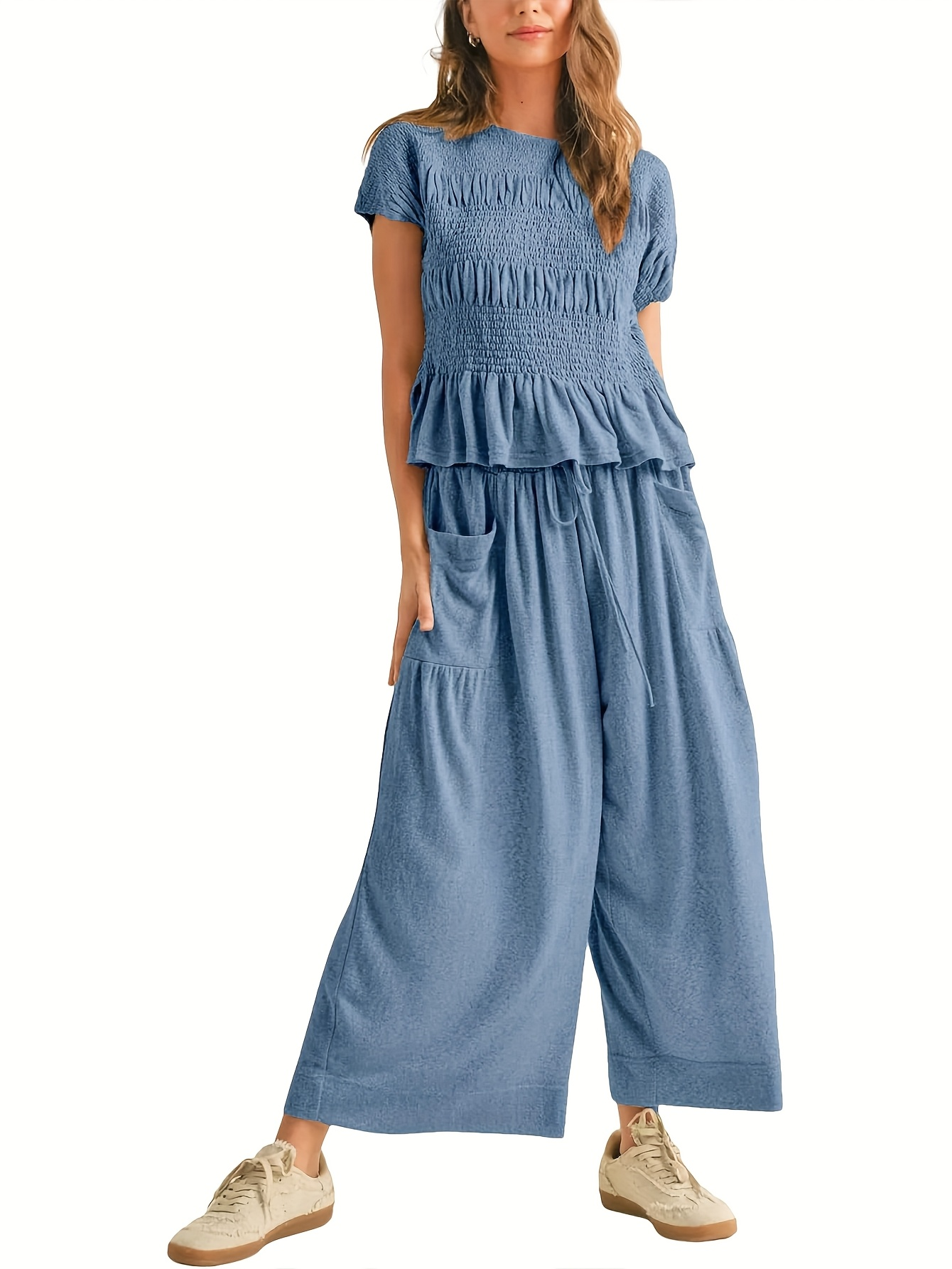 Women's Early Autumn 2026 2-Piece Set – Shirred Waist Top & Wide-Leg Pants