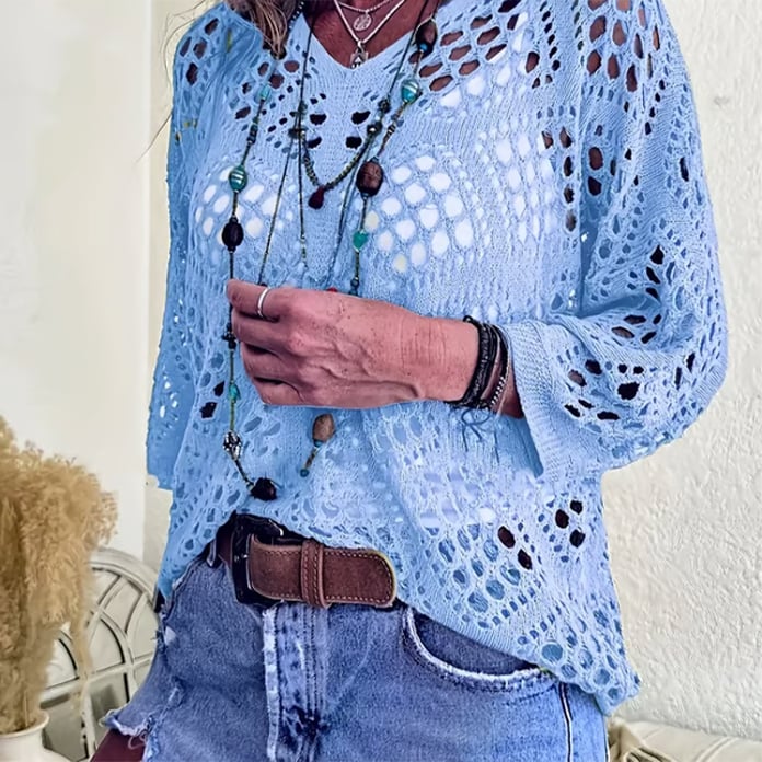 ⏰Hot Sale-Womens Bohemian-Inspired Beige Crochet Top with V-Neck