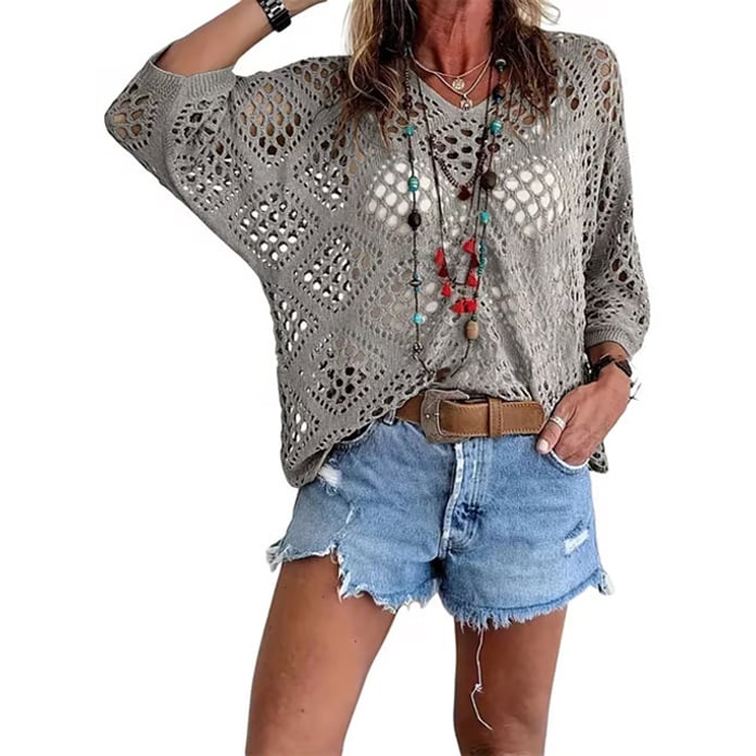 ⏰Hot Sale-Womens Bohemian-Inspired Beige Crochet Top with V-Neck