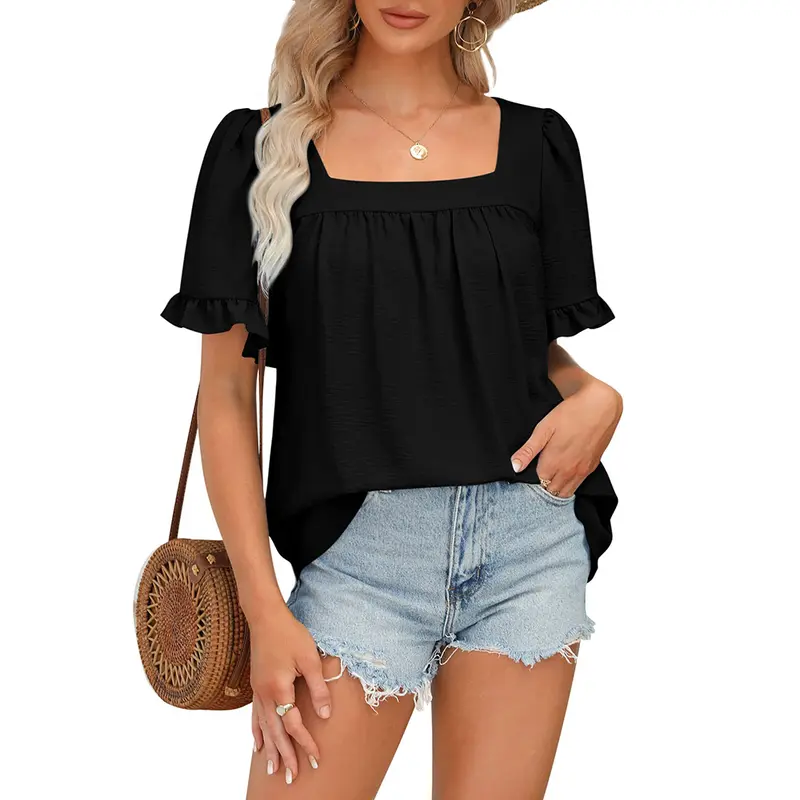 Women's Square Neck Peplum Top with Whimsical Ruffle Sleeves