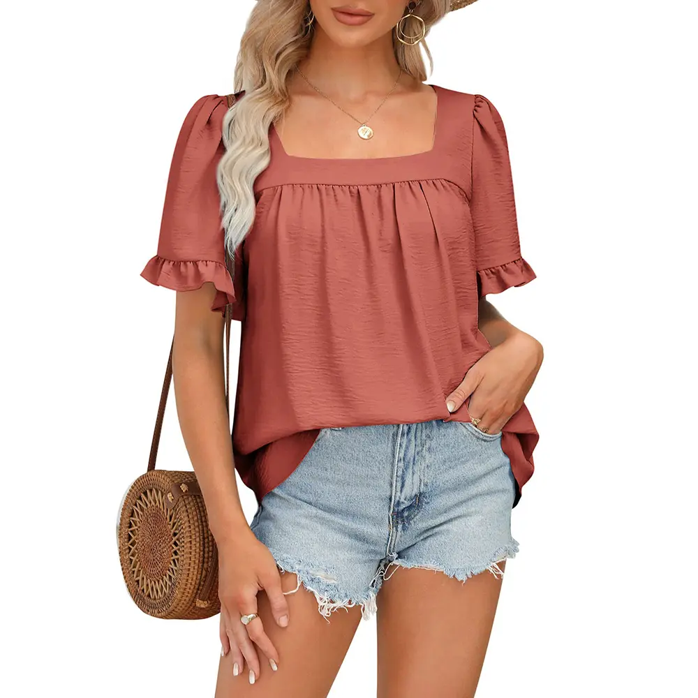 Women's Square Neck Peplum Top with Whimsical Ruffle Sleeves