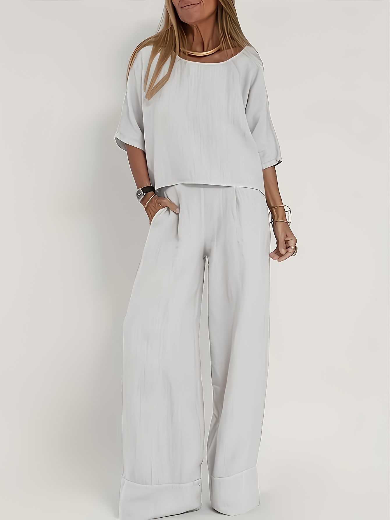 Elegant Two-Piece Set Short Sleeve High-Waisted Pants Suit