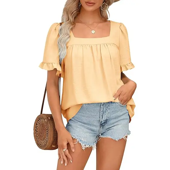 Women's Square Neck Peplum Top with Whimsical Ruffle Sleeves