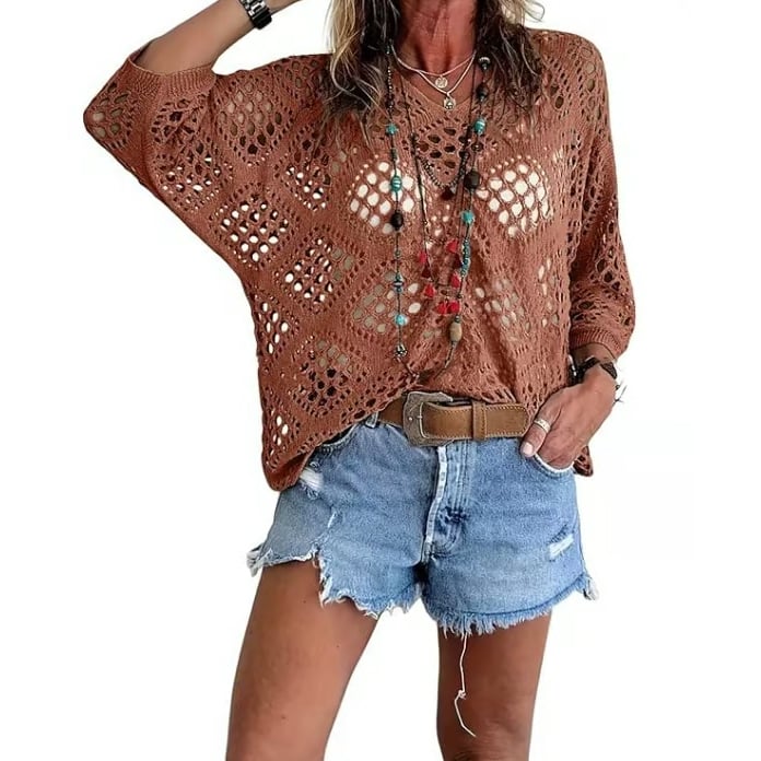 ⏰Hot Sale-Womens Bohemian-Inspired Beige Crochet Top with V-Neck