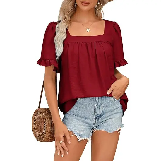 Women's Square Neck Peplum Top with Whimsical Ruffle Sleeves