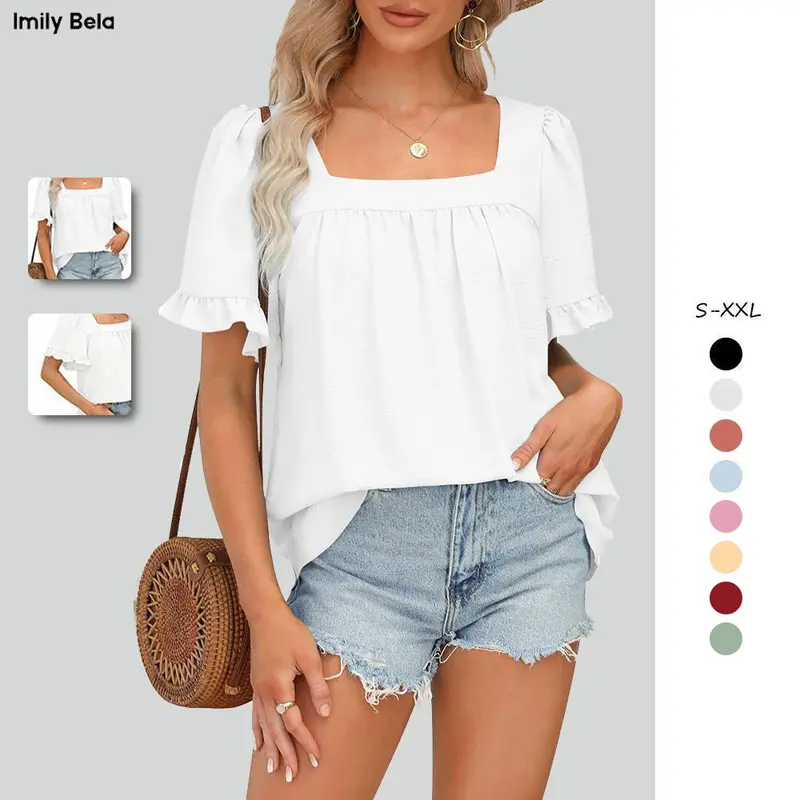 Women's Square Neck Peplum Top with Whimsical Ruffle Sleeves