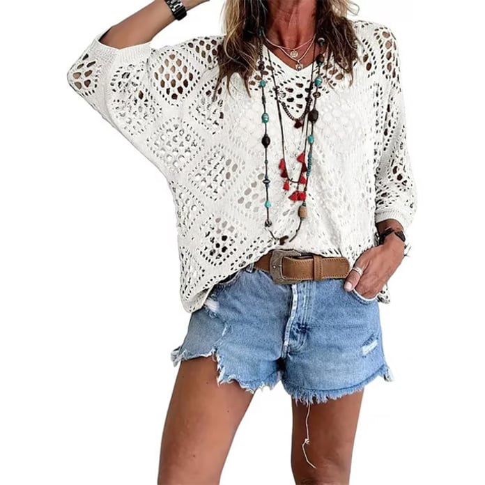⏰Hot Sale-Womens Bohemian-Inspired Beige Crochet Top with V-Neck
