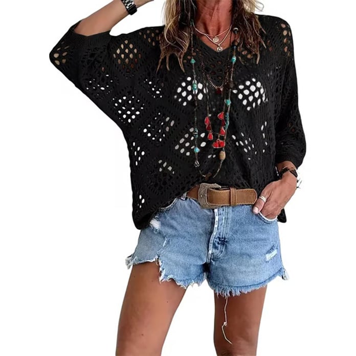 ⏰Hot Sale-Womens Bohemian-Inspired Beige Crochet Top with V-Neck