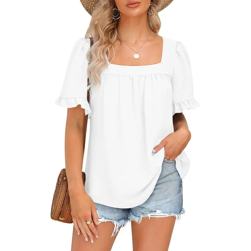 Women's Square Neck Peplum Top with Whimsical Ruffle Sleeves