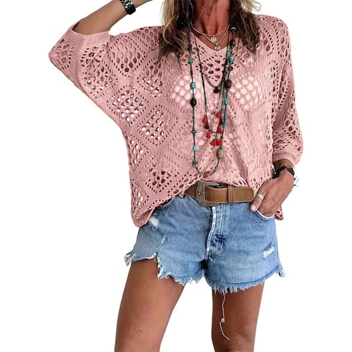 ⏰Hot Sale-Womens Bohemian-Inspired Beige Crochet Top with V-Neck
