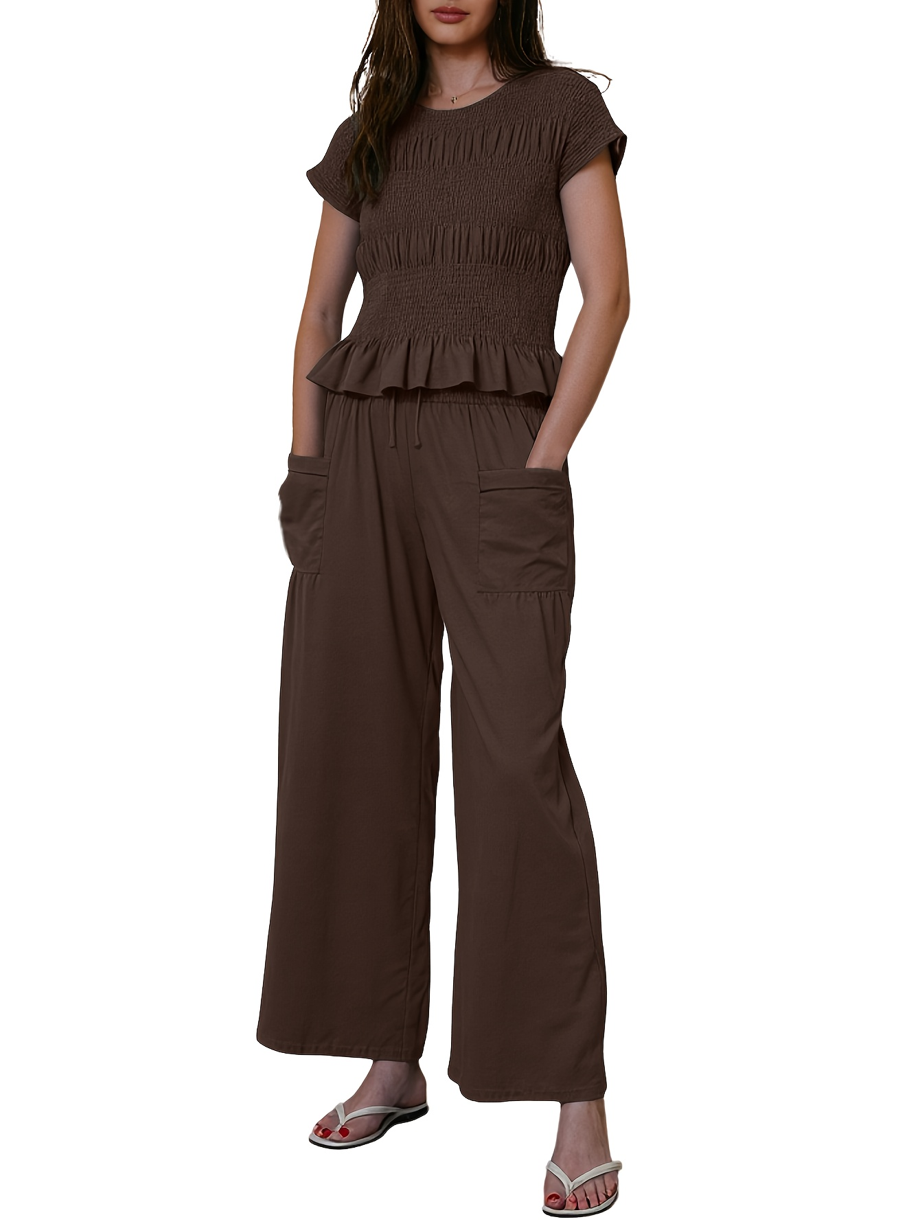 Women's Early Autumn 2026 2-Piece Set – Shirred Waist Top & Wide-Leg Pants