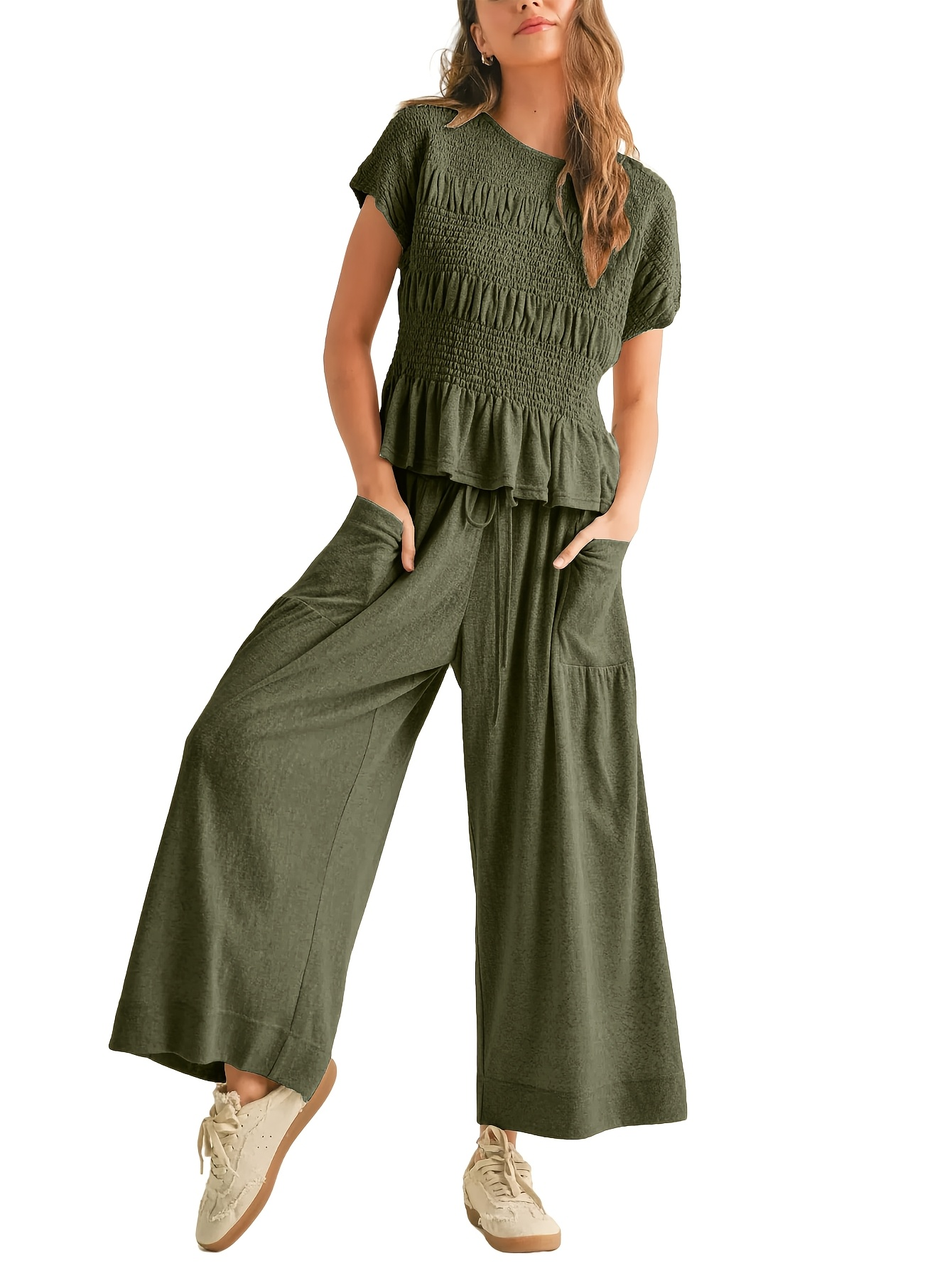 Women's Early Autumn 2026 2-Piece Set – Shirred Waist Top & Wide-Leg Pants