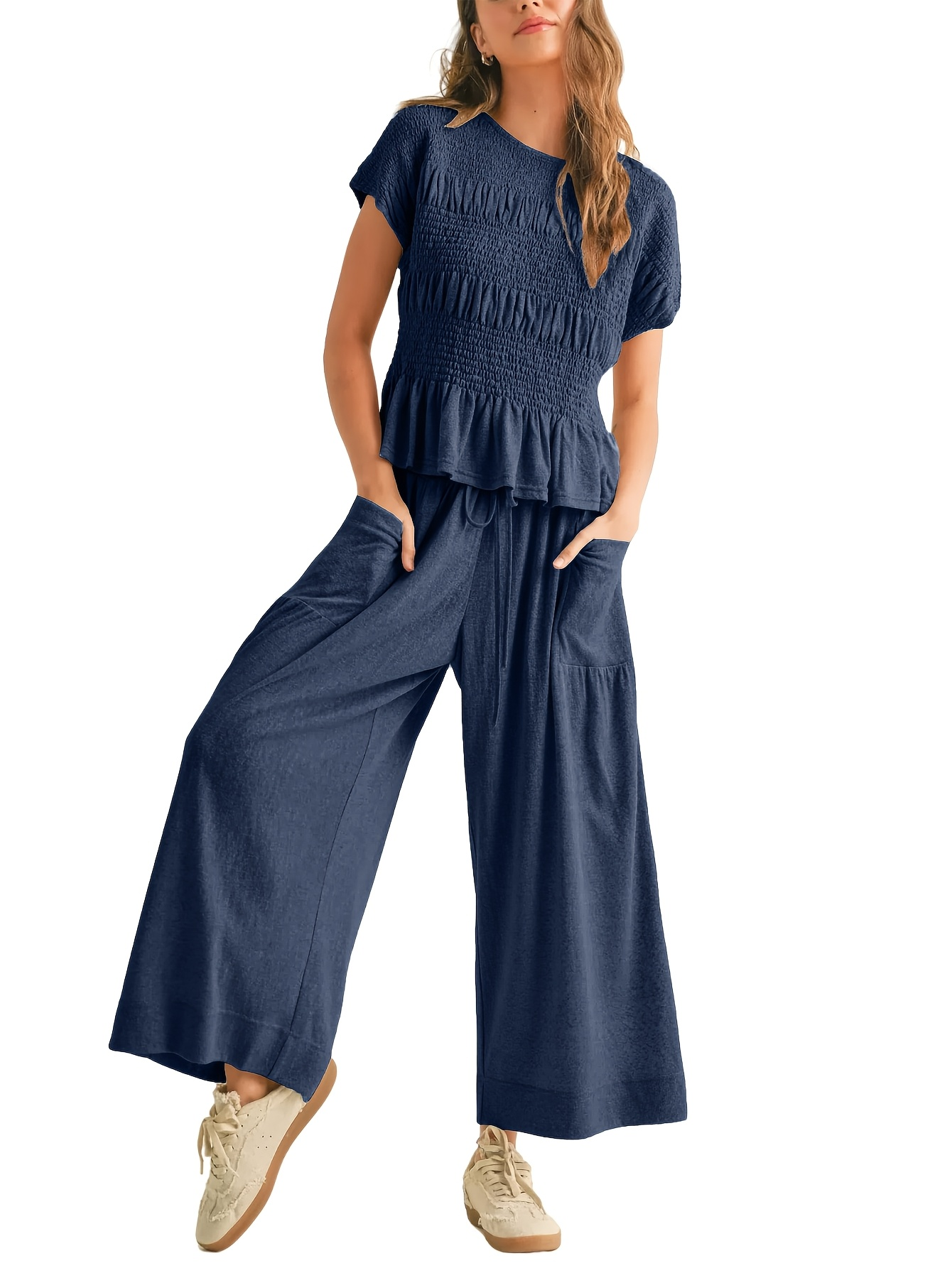 Women's Early Autumn 2026 2-Piece Set – Shirred Waist Top & Wide-Leg Pants