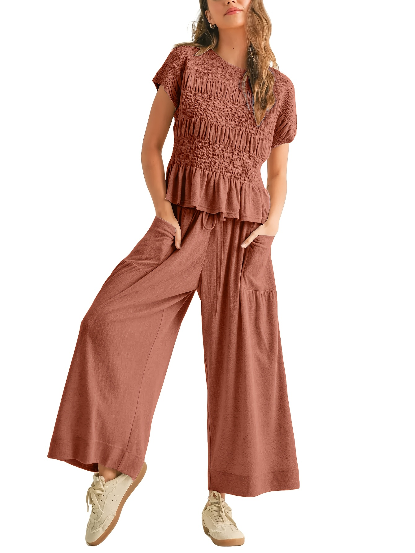 Women's Early Autumn 2026 2-Piece Set – Shirred Waist Top & Wide-Leg Pants