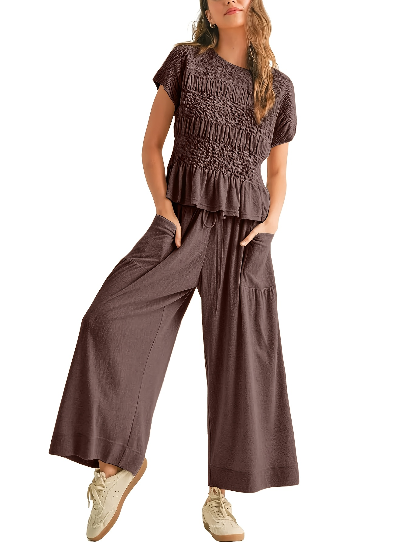 Women's Early Autumn 2026 2-Piece Set – Shirred Waist Top & Wide-Leg Pants