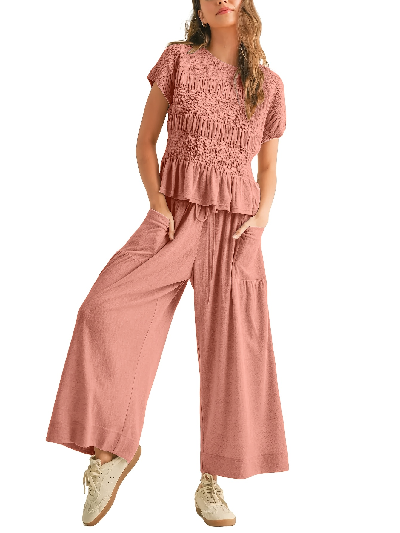 Women's Early Autumn 2026 2-Piece Set – Shirred Waist Top & Wide-Leg Pants
