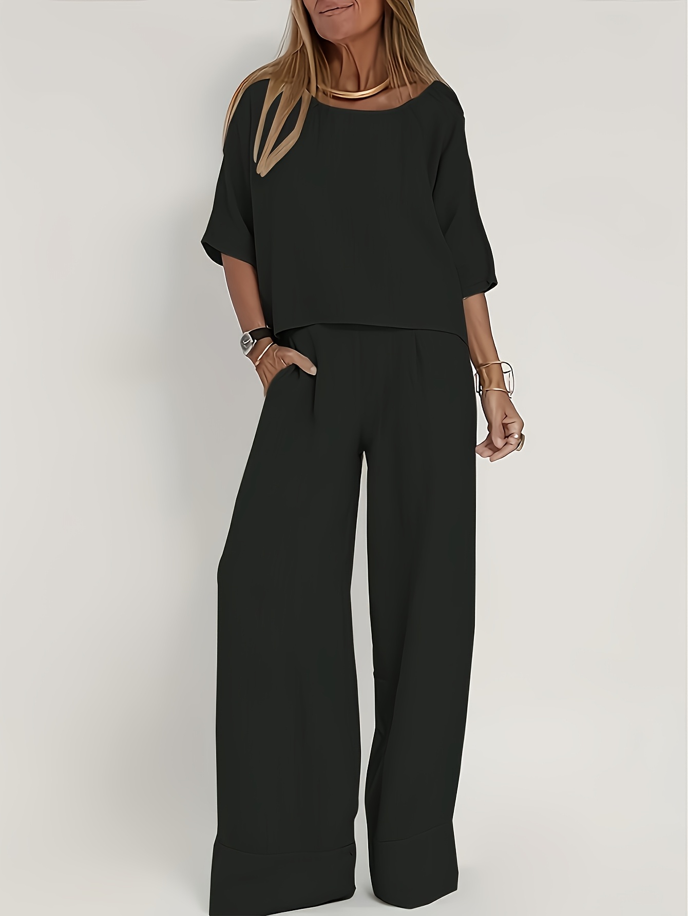 Elegant Two-Piece Set Short Sleeve High-Waisted Pants Suit