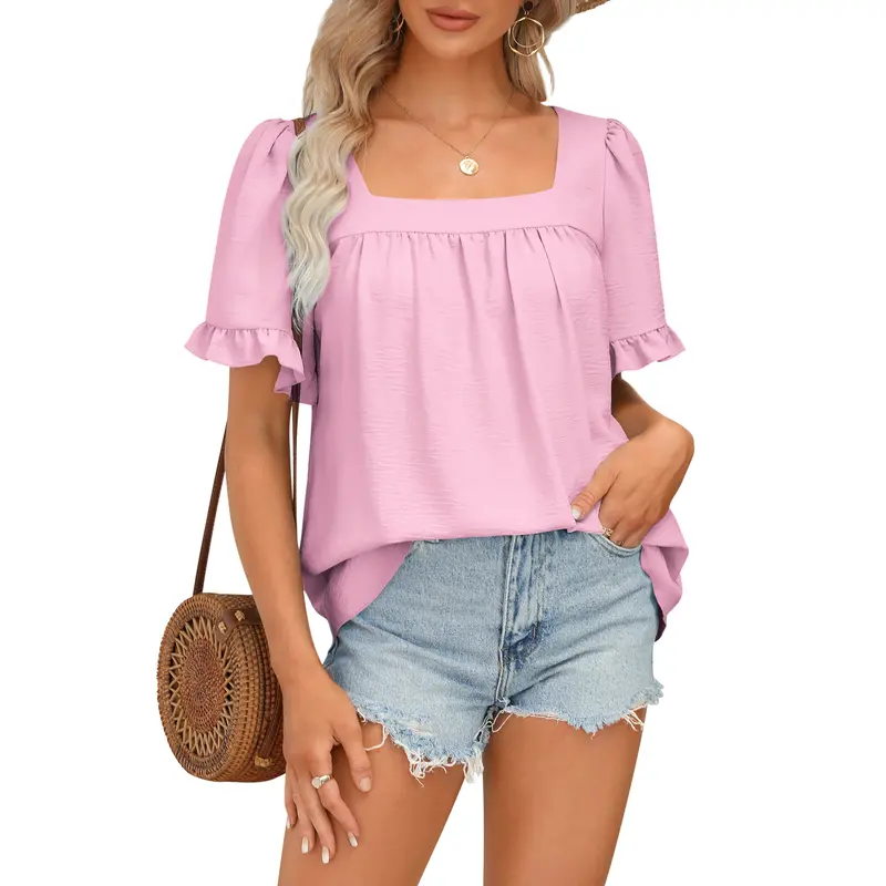 Women's Square Neck Peplum Top with Whimsical Ruffle Sleeves