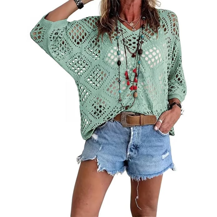 ⏰Hot Sale-Womens Bohemian-Inspired Beige Crochet Top with V-Neck
