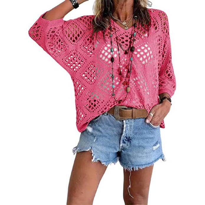 ⏰Hot Sale-Womens Bohemian-Inspired Beige Crochet Top with V-Neck