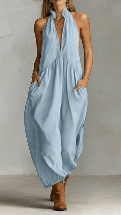Minimalist Halter Maxi Dress — Casual, Loose-Fit Dress with Pockets