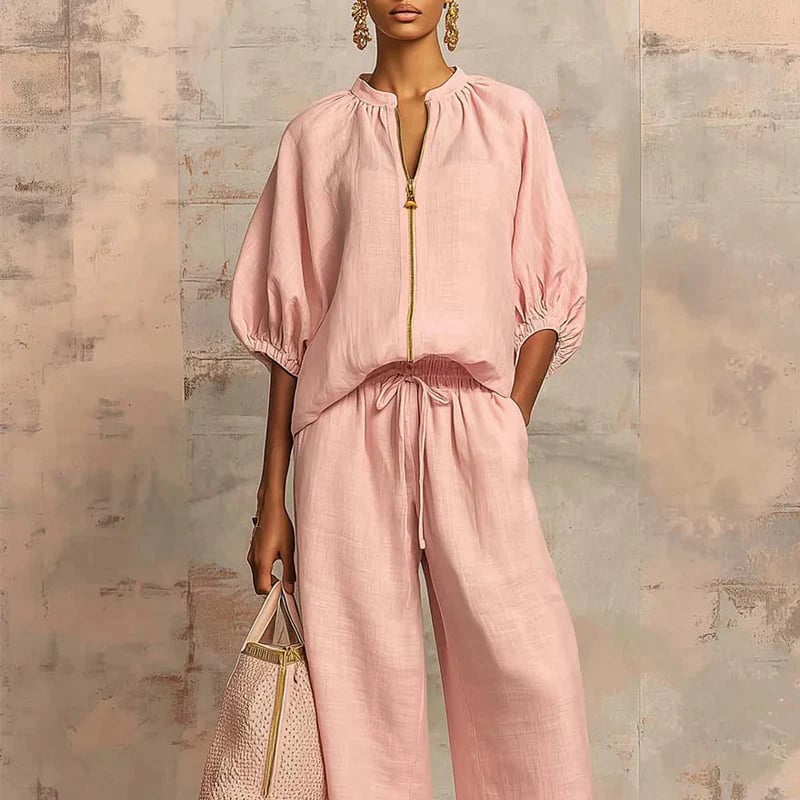 👚 40% OFF! 👖 Women's Solid Color 2-Piece Tracksuit – Puff Sleeve, Wide Leg, Zipper Detail ✨
