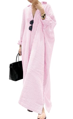 Women's Casual Long Sleeve Button Down Loose Striped Cotton Maxi Shirt Dress
