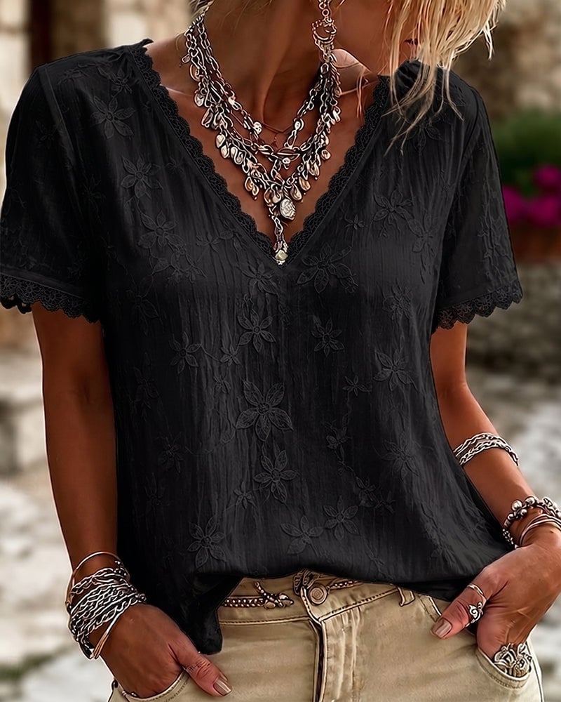 V Neck Lace Short Sleeve Blouse