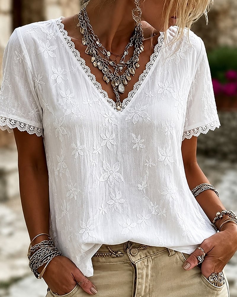 V Neck Lace Short Sleeve Blouse