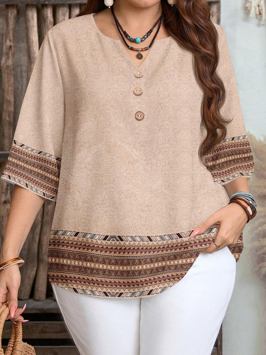 Women's Plus Size Vintage Print V-Neck Blouse with Casual Loose 3/4 Sleeve